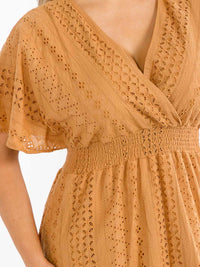 PLUS SIZE SHORT SLEEVE SURPLICE SMOCK WAIST EYELET MIDI DRESS