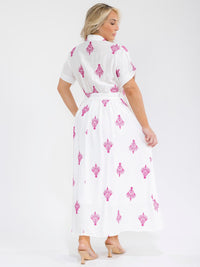 PLUS SIZE SHORT SLEEVE BUTTON UP SELF TIE EMBROIDERY MAXI DRESS