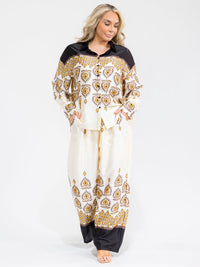 PLUS SIZE LONG SLEEVE BLOUSE & ELASTIC WAIST PANTS MULTI PRINT 2PC. SET