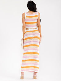WOMEN'S FRONT TIE CROP TOP & ADJUSTABLE WAIST MAXI SKIRT COLORBLOCK KNIT 2PC. SET
