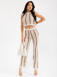 WOMEN'S SLEEVELESS CROP TOP & ELASTIC WAIST PANTS COLORBLOCK KNIT 2PC. SET