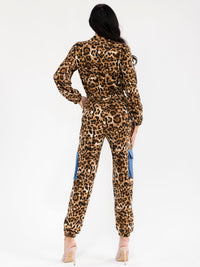 WOMEN'S LONG SLEEVE ZIP UP POCKETS ELASTIC WAIST ANIMAL PRINT JOGGER LEG JUMPSUIT