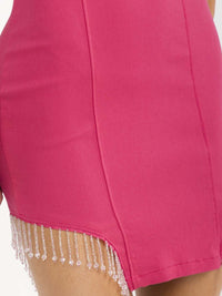 WOMEN'S SLEEVELESS V-NECK SIDE SLIT STUDS FRINGE BODYCON MINI DRESS