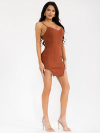WOMEN'S SLEEVELESS V-NECK SIDE SLIT STUDS FRINGE BODYCON MINI DRESS