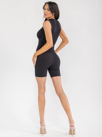 WOMEN'S SLEEVELESS MOCK NECK ZIP UP RIBBED ROMPER
