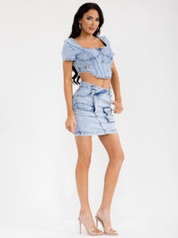 WOMEN'S SHORT SLEEVE CROP TOP & BUTTON CLOSURE MINI SKIRT WASHED DENIM 2PC. SET
