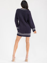 WOMEN'S LONG SLEEVE V-NECK KNITTED MINI SWEATER DRESS