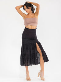 WOMEN'S ELASTIC WAIST FRONT SLIT EYELET MIDI SKIRT