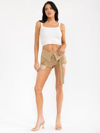 WOMEN'S ZIP UP BELTED POCKETS DISTRESS DENIM MINI SHORTS