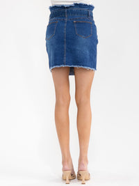 WOMEN'S BUTTON CLOSURE POCKETS DISTRESS SELF TIE STRETCH DENIM MINI SKIRTS