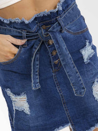 WOMEN'S BUTTON CLOSURE POCKETS DISTRESS SELF TIE STRETCH DENIM MINI SKIRTS
