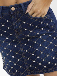 WOMEN'S BUTTON CLOSURE POCKETS STUDS DETAILED STRETCH DENIM MINI SKIRT