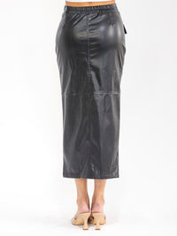WOMEN'S ELASTIC WAIST CARGO POCKETS FRONT SLIT PU PLEATHER MAXI SKIRT