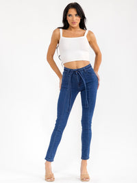 WOMEN'S BUTTON CLOSURE SELF TIE SKINNY LEG STRETCH DENIM PANTS