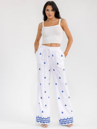 WOMEN'S ELASTIC WAIST FRONT POCKETS EMBROIDERY WIDE LEG PALAZZO LINEN PANTS