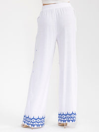 WOMEN'S ELASTIC WAIST FRONT POCKETS EMBROIDERY WIDE LEG PALAZZO LINEN PANTS