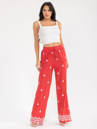 WOMEN'S ELASTIC WAIST FRONT POCKETS EMBROIDERY WIDE LEG PALAZZO LINEN PANTS