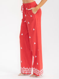 WOMEN'S ELASTIC WAIST FRONT POCKETS EMBROIDERY WIDE LEG PALAZZO LINEN PANTS