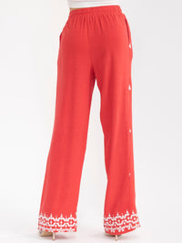 WOMEN'S ELASTIC WAIST FRONT POCKETS EMBROIDERY WIDE LEG PALAZZO LINEN PANTS