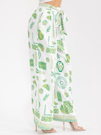 WOMEN'S ELASTIC WAIST SELF TIE POCKETS MULTI PRINT WIDE LEG PANTS