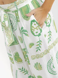 WOMEN'S ELASTIC WAIST SELF TIE POCKETS MULTI PRINT WIDE LEG PANTS