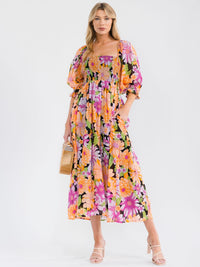 WOMEN'S SHORT PUFF SLEEVE SQUARE NECK POCKETS SMOCK FLORAL PRINT MAXI DRESS