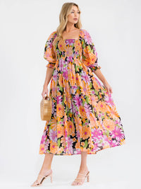 WOMEN'S SHORT PUFF SLEEVE SQUARE NECK POCKETS SMOCK FLORAL PRINT MAXI DRESS