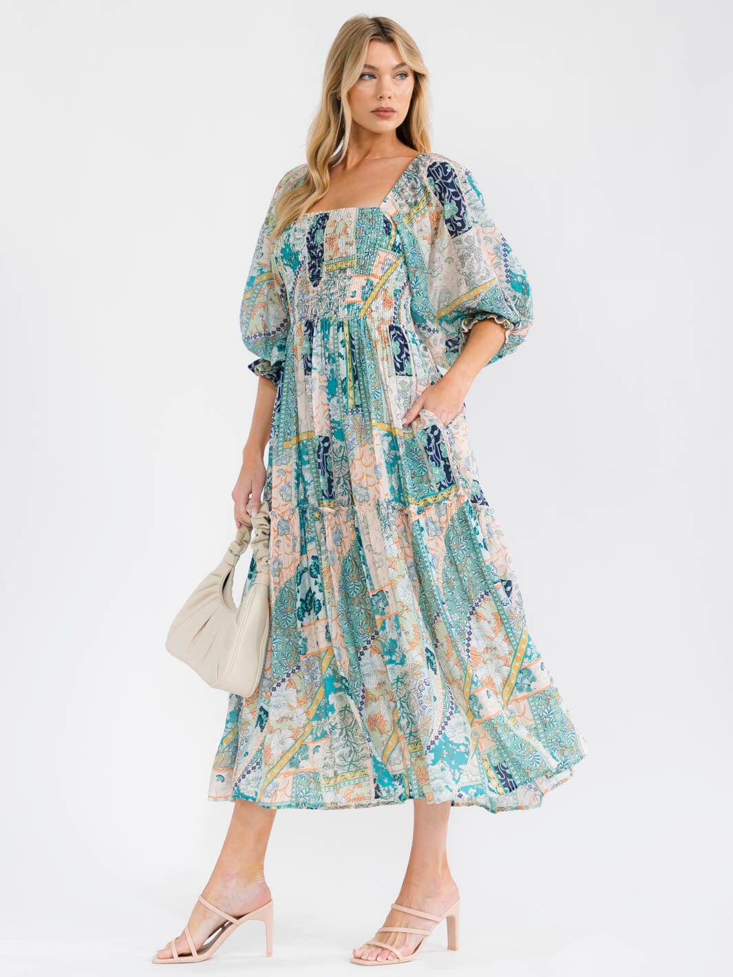 WOMEN'S SHORT PUFF SLEEVE SQUARE NECK FRONT POCKETS SMOCK MULTI PRINT MAXI DRESS