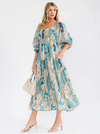 WOMEN'S SHORT PUFF SLEEVE SQUARE NECK FRONT POCKETS SMOCK MULTI PRINT MAXI DRESS
