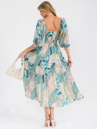 WOMEN'S SHORT PUFF SLEEVE SQUARE NECK FRONT POCKETS SMOCK MULTI PRINT MAXI DRESS