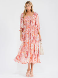 WOMEN'S SHORT PUFF SLEEVE SQUARE NECK FRONT POCKETS SMOCK MULTI PRINT MAXI DRESS
