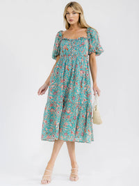 WOMEN'S SHORT PUFF SLEEVE SMOCK FRONT POCKETS FLORAL PRINT MIDI DRESS