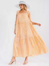 WOMEN'S SLEEVELESS SQUARE NECK POCKETS PLAID TIERED MAXI DRESS