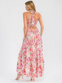 WOMEN'S SLEEVELESS OPEN BACK SMOCK TIERED FLORAL MAXI DRESS