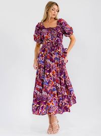 WOMEN'S SHORT PUFF SLEEVE SQUARE NECK ELASTIC WAIST MULTI PRINT MAXI DRESS