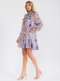 WOMEN'S LONG SLEEVE SMOCK NECK FRONT POCKETS MULTI PRINT MINI DRESS