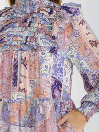 WOMEN'S LONG SLEEVE SMOCK NECK FRONT POCKETS MULTI PRINT MINI DRESS