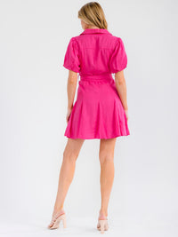 WOMEN'S SHORT SLEEVE BUTTON UP SELF TIE LINEN MINI DRESS