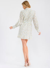 WOMEN'S LONG SLEEVE BUTTON UP MOCK NECK ELASTIC WAIST EYELET FLORAL MINI DRESS