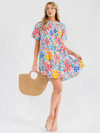 WOMEN'S SHORT PUFF SLEEVE BUTTON UP FRONT POCKETS FLORAL MINI DRESS