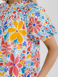 WOMEN'S SHORT PUFF SLEEVE BUTTON UP FRONT POCKETS FLORAL MINI DRESS