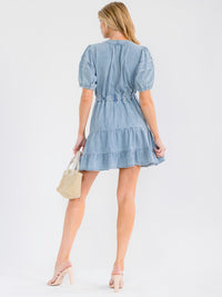 WOMEN'S SHORT SLEEVE V-NECK ELASTIC WAIST TIERED DENIM MINI DRESS