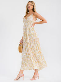 WOMEN'S SLEEVELESS V-NECK SMOCK TIERED FLORAL MAXI DRESS