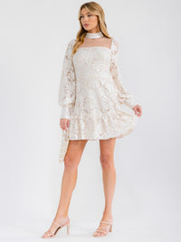 WOMEN'S LONG SLEEVE MOCK NECK LACE MESH MINI DRESS