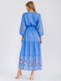 WOMEN'S 3/4 SLEEVES BUTTON UP SELF TIE TIERED MULTI PRINT MAXI DRESS