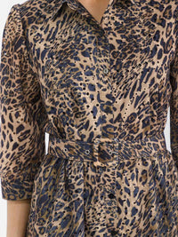 WOMEN'S 3/4 SLEEVES BUTTON UP BELTED ANIMAL PRINT PRINT EYELET MAXI DRESS