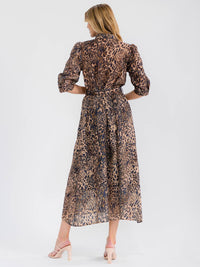WOMEN'S 3/4 SLEEVES BUTTON UP BELTED ANIMAL PRINT PRINT EYELET MAXI DRESS