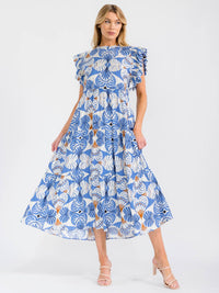 WOMEN'S RUFFLE SLEEVE MOCK NECK FRONT POCKETS MULTI PRINT MAXI DRESS