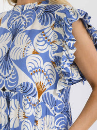 WOMEN'S RUFFLE SLEEVE MOCK NECK FRONT POCKETS MULTI PRINT MAXI DRESS