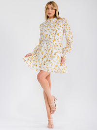 WOMEN'S LONG SLEEVE BUTTON UP MOCK NECK SELF TIE EYELET FLORAL MINI DRESS
